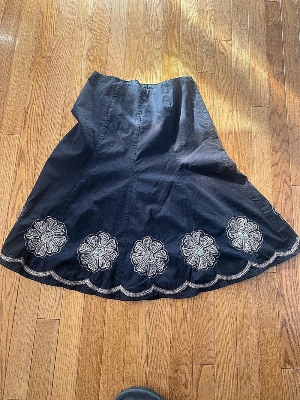 Black Embroidered Floral A-Line Skirt in Black